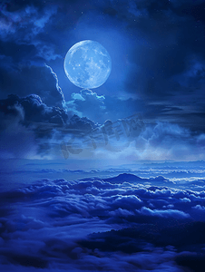 黑色夜空背景摄影照片_夜空中云雾缭绕的满月朦胧景观