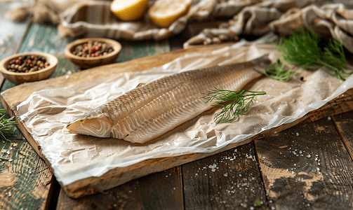 海鲜肉类摄影照片_木制背景的鳟鱼片