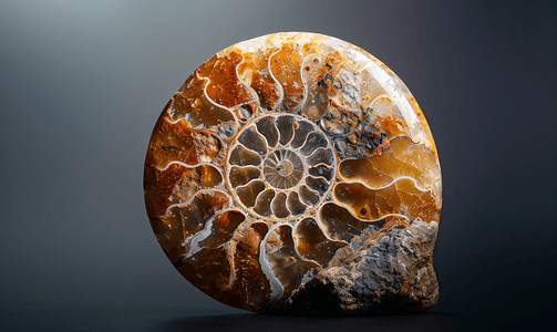 圆石头摄影照片_深色背景中抛光的菊石化石