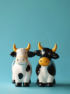 12生肖图摄影照片_蓝色背景上的一对牛和公牛形象有自由空间