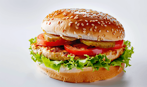 大汉堡摄影照片_三明治配鸡肉汉堡西红柿和生菜