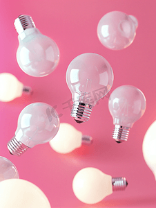 一个特殊的灯泡悬停在粉红色背景的简单标准白色灯泡上