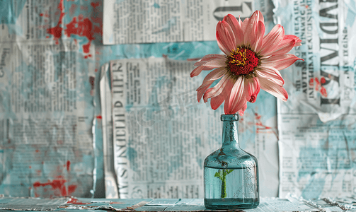 背景是新闻纸报纸墙制成的花插在花瓶里水里