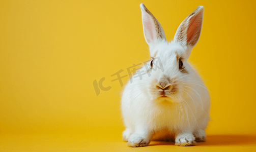 棕色小动物摄影照片_黄色背景上棕色耳朵的白兔家养动物