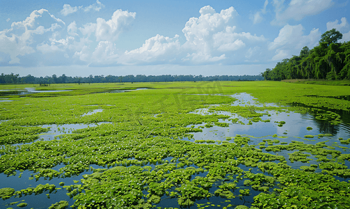 点缀绿色摄影照片_夏日景观大沼泽点缀着绿色浮萍和沼泽植被