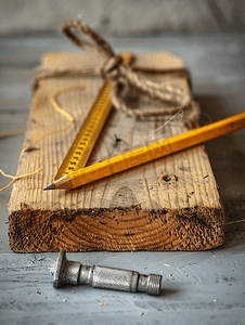 钉木片建筑尺子铅笔和麻线