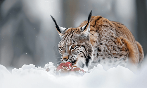 山猫在深雪中进食