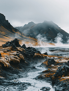 马赛克格字摄影照片_冰岛不真实的火山景观格拉博克火山上有热气腾腾的岩石