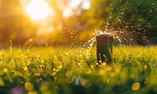 花园里的洒水器给草坪浇水自动浇水草坪