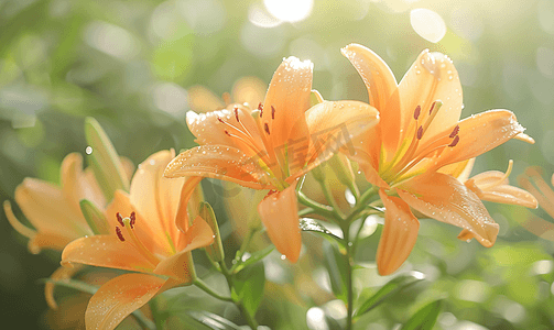 百合花雨珠摄影照片_夏日花园里的橙色百合花丛特写