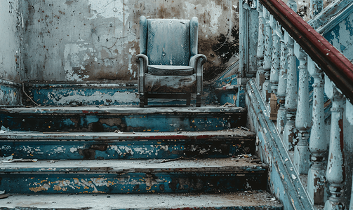 楼梯上废弃的椅子家具废弃物品旧入口细节