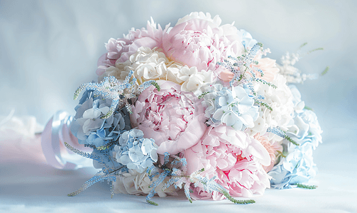 证书丝带边框摄影照片_粉色牡丹、白色绣球花和浅蓝色花朵的婚礼花束