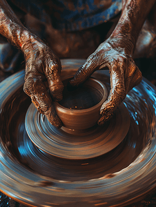特写创意陶工在陶轮上制作陶瓷壶的顶视图