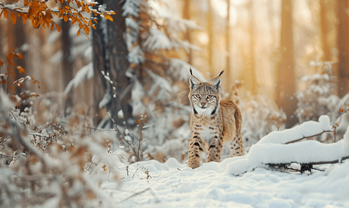 森林夜摄影照片_欧亚山猫幼崽站在雪地冬季色彩缤纷的森林里