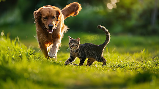 猫咪奔跑摄影照片_公园草地上小狗和猫咪照片