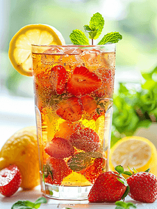 水果汁摄影照片_桌上放着一杯带薄荷草莓柠檬的冷茶