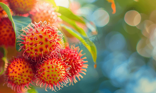 浅色花卉摄影照片_马来西亚绳绑红毛丹果实的特写