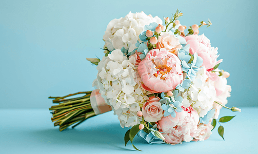 蓝色花束摄影照片_粉色牡丹、白色绣球花和浅蓝色花朵的婚礼花束