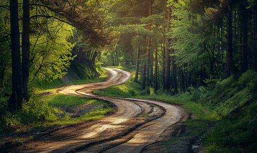 未来的道路摄影照片_森林中乡村道路分叉的景观