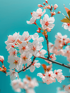 蓝天背景下盛开的花朵的樱花树枝