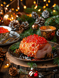 圣诞烤火腿和红鱼子酱放在旧木桌上