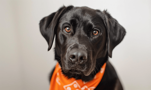 大雾橙色预警摄影照片_黑色拉布拉多犬头戴橙色万圣节头巾一只小狗的肖像