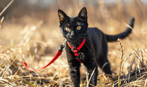身穿红色吊带的黑猫在高地宠物领养中行走