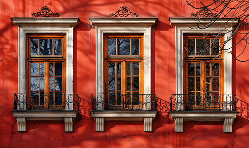 建筑物的红色正面有木窗上面有铁条