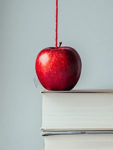 白色背景上的书上方挂着一个红苹果