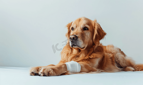 爪子上缠着绷带导管的狗宠物护理