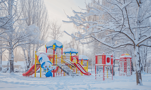 冬季积雪覆盖的公共儿童游乐场