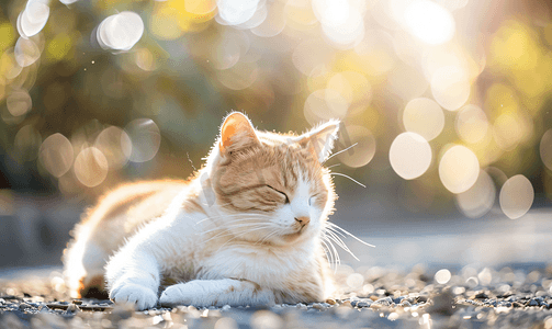 累了摄影照片_大肥米色和白猫在阳光下休息