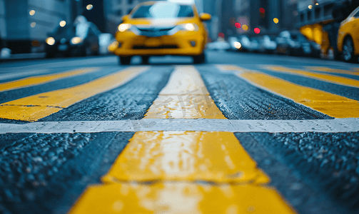 黄色人行横道和黄色汽车停在街上