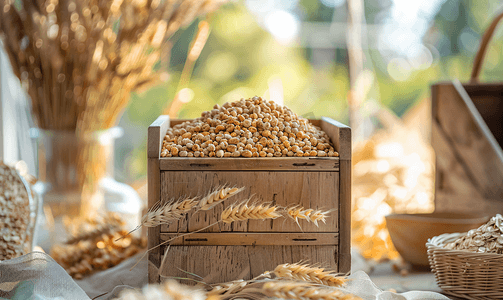 颗粒状的摄影照片_装有谷物的容器装有谷物的木箱的特写