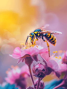 一只黄蜂停在一朵覆盆子花上