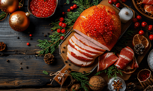 圣诞菜单摄影照片_圣诞烤火腿和红鱼子酱放在旧木桌上平躺顶视图