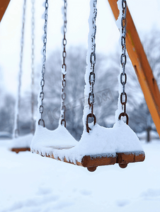 冬天积雪覆盖的公共儿童秋千