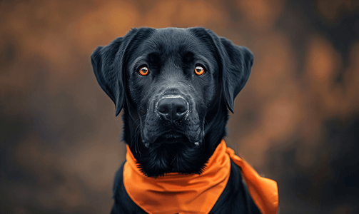 万圣节奇幻摄影照片_黑色拉布拉多犬头戴橙色万圣节头巾一只小狗的肖像