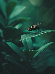 一只苍蝇栖息在一片绿叶上背景为绿色微距摄影技术