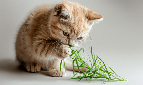 吃绿色草叶的奶油色小猫