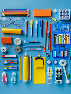 文具用品背景摄影照片_学校物品办公用品工具和配件孤立在蓝色