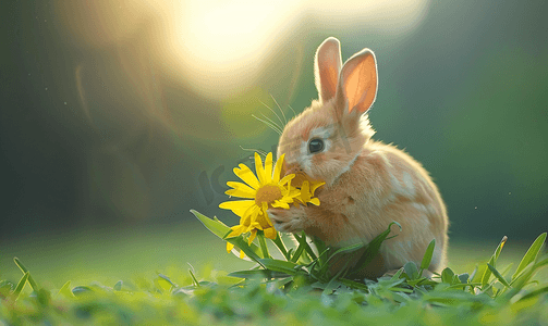 黄色兔子摄影照片_绿色自然背景中一束黄色花朵的可爱姜兔
