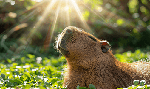 水岸卡通摄影照片_水豚一只正在晒太阳的巨型老鼠