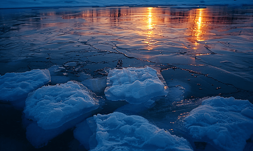 黄昏时分河面上漂浮的浮冰
