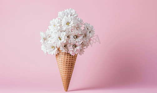 粉红色背景中冰淇淋锥中的一束白花