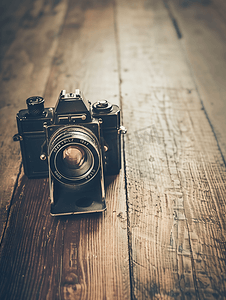 木地板上的旧相机复古风格