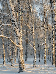 冬季森林公园里白雪皑皑的桦树和橡树