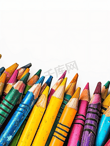儿童创意背景摄影照片_白色背景上的彩色蜡笔绘图配件艺术家工具