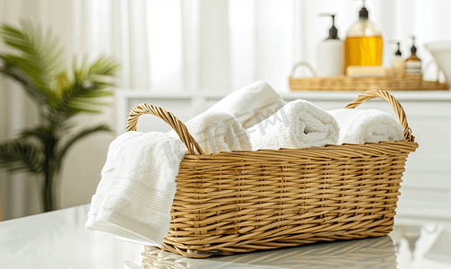 桌子上篮子里的浴室配件和毛巾组织和顺序
