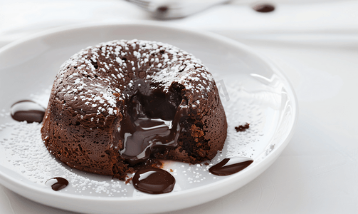 蛋糕红色摄影照片_白盘上的巧克力熔岩蛋糕